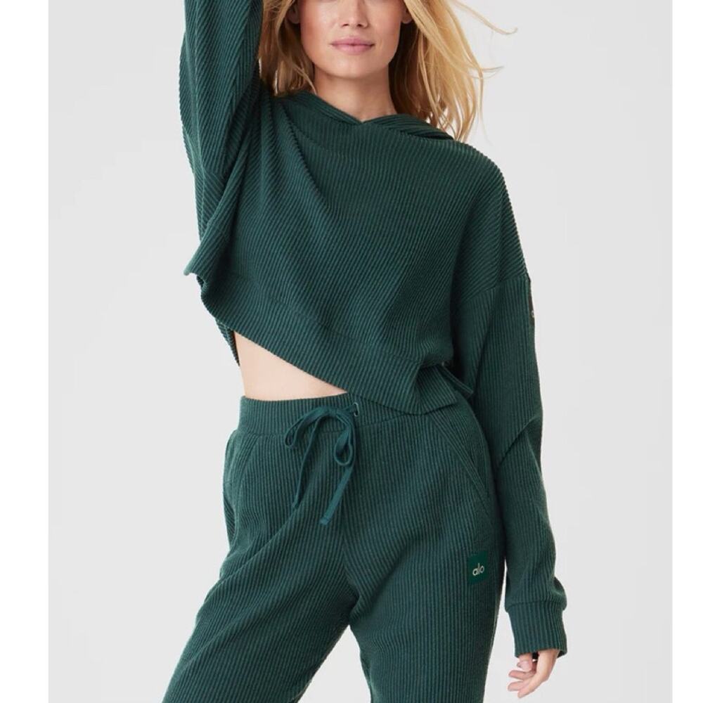Alo Muse Hoodie Midnight Green Cropped Ribbed Oversized Athleisure SZ L